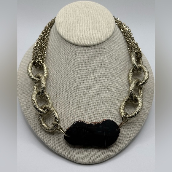 Gold Tone Chunky Chain Agate Statement Necklace EUC - Picture 6 of 8